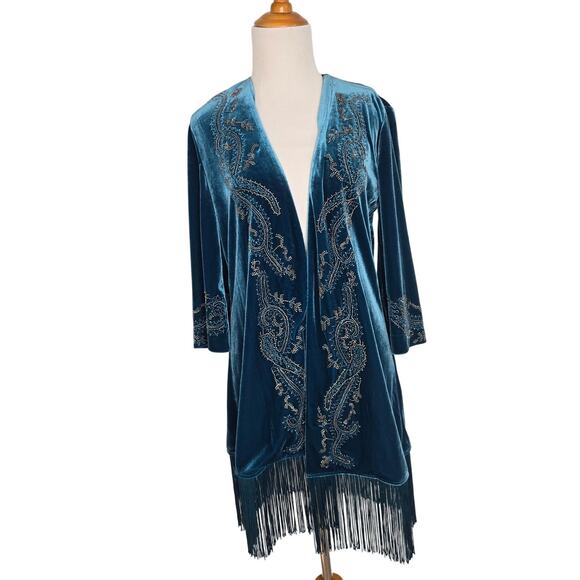 Chico's Other - Chico's Velvet Duster Kimono Whimsigoth Fringed 20s Flapper Beaded Women Small P